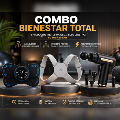 Combo Bienestar Total — Masajeador EMS + Corrector de Postura + Pistola Masajeadora