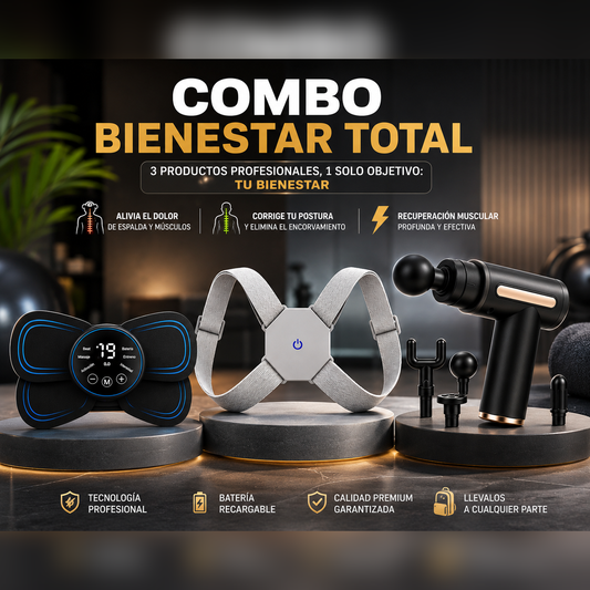 Combo Bienestar Total — Masajeador EMS + Corrector de Postura + Pistola Masajeadora