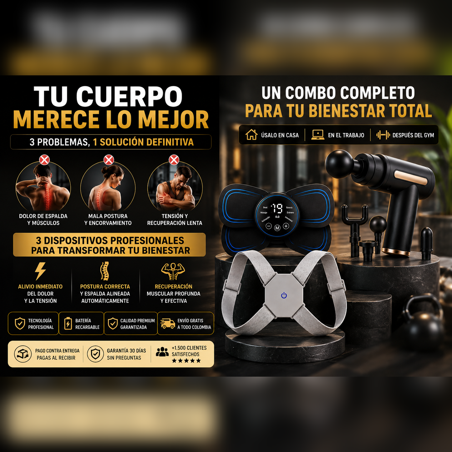Combo Bienestar Total — Masajeador EMS + Corrector de Postura + Pistola Masajeadora
