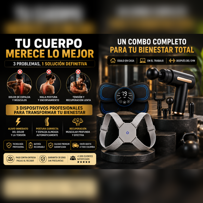 Combo Bienestar Total — Masajeador EMS + Corrector de Postura + Pistola Masajeadora