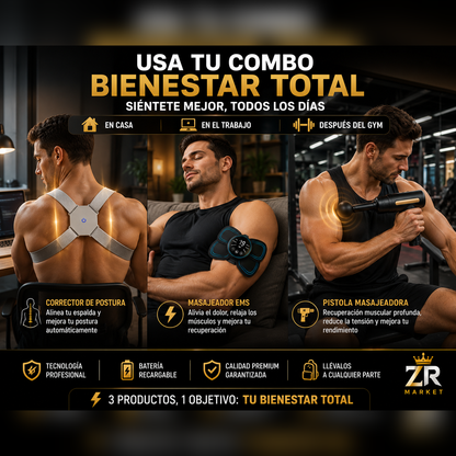 Combo Bienestar Total — Masajeador EMS + Corrector de Postura + Pistola Masajeadora