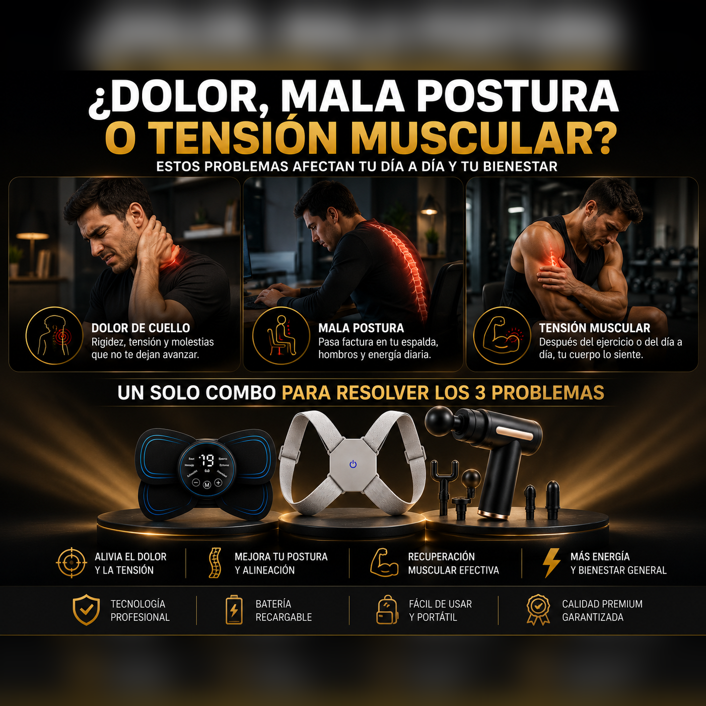 Combo Bienestar Total — Masajeador EMS + Corrector de Postura + Pistola Masajeadora