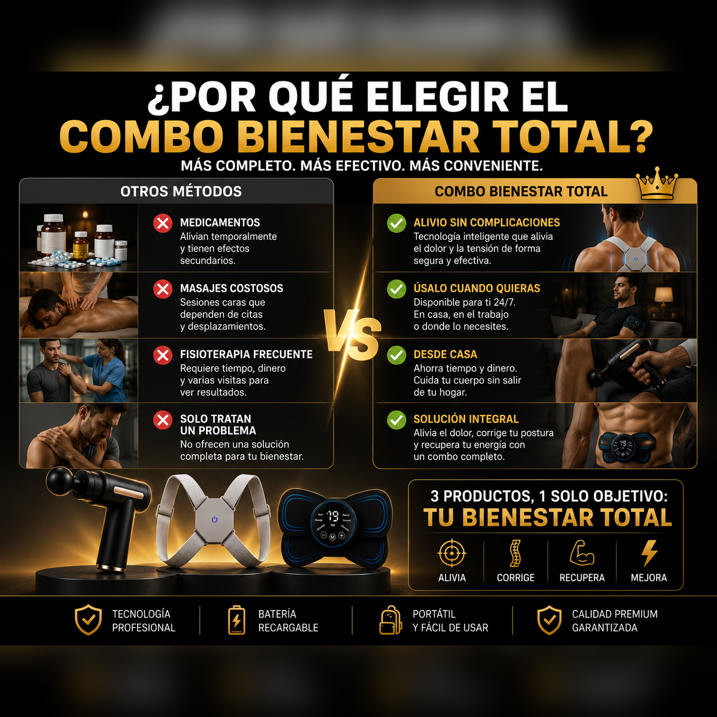 Combo Bienestar Total — Masajeador EMS + Corrector de Postura + Pistola Masajeadora